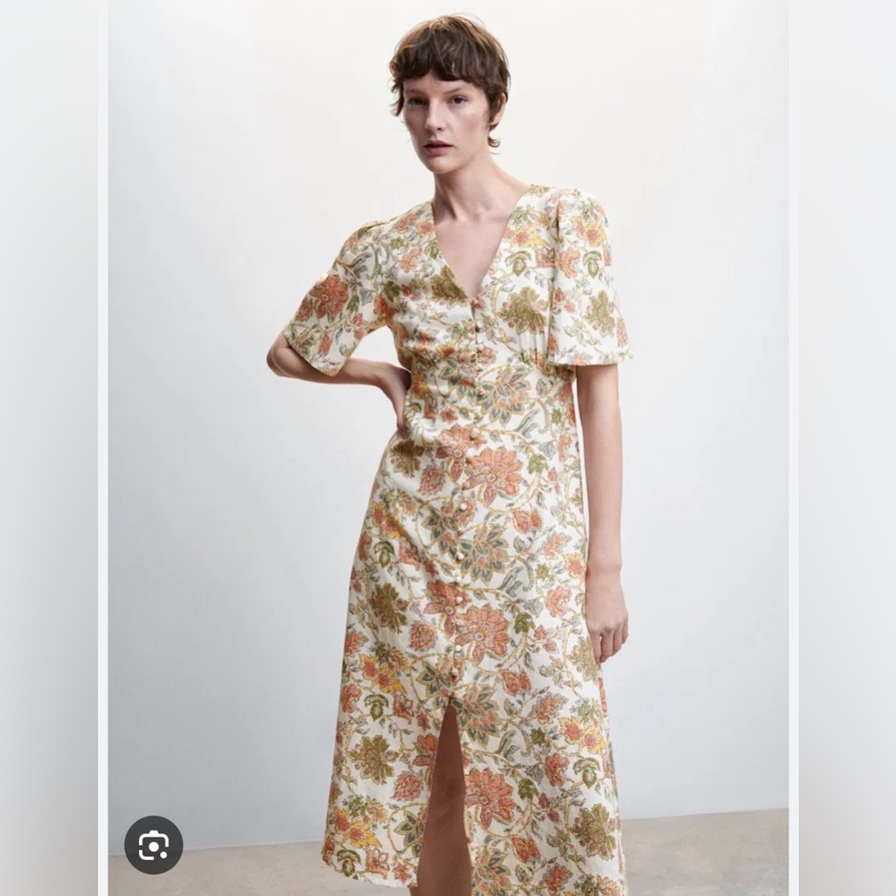 Mango Floral Button-Front Midi Dress in Cream and Rust - Picture 9 of 10